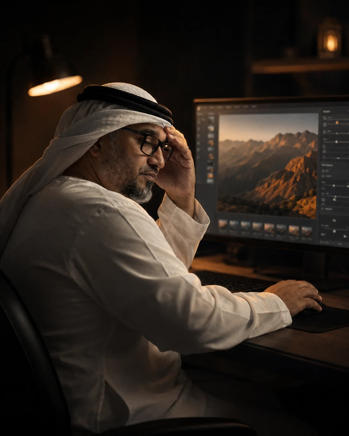 مصوّر أمام شاشته ليلًا، يده على جبينه، وعلى الشاشة مشهد جبلي عند الغروب